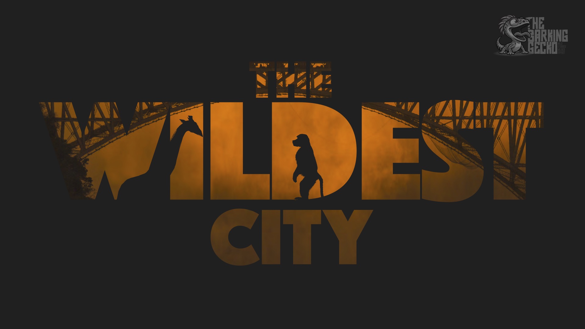 Title card for The Wildest City, a Barking Gecko documentary series, with a giraffe and baboon silhouetted against a city skyline
